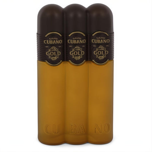 Cubano Gold 4 oz men's fragrance bottle, featuring a bold triple-barrel design with dark brown caps and a rich matte gold body.