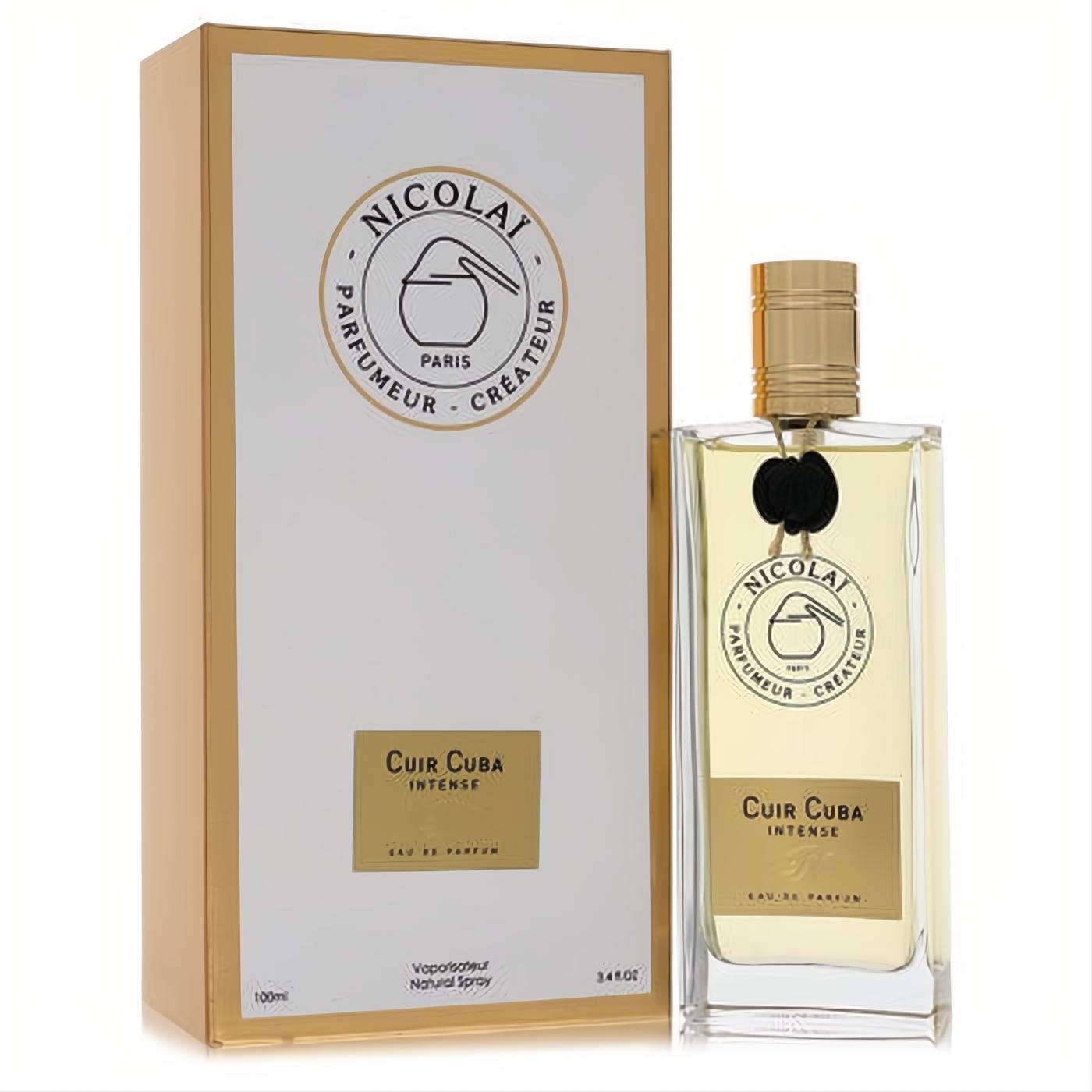 Clear glass Nicolai Cuir Cuba Intense 3.4 oz unisex perfume bottle with gold cap, black accent, and elegant white & gold box.