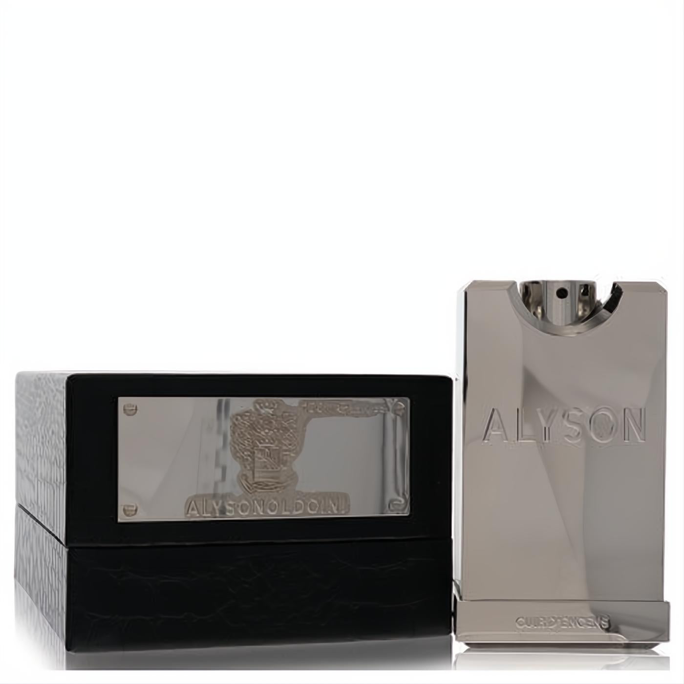 Sophisticated Alyson Oldoini Cuir D'encens 3.3 oz men's EDP spray, featuring a sleek silver bottle and a premium black textured box.