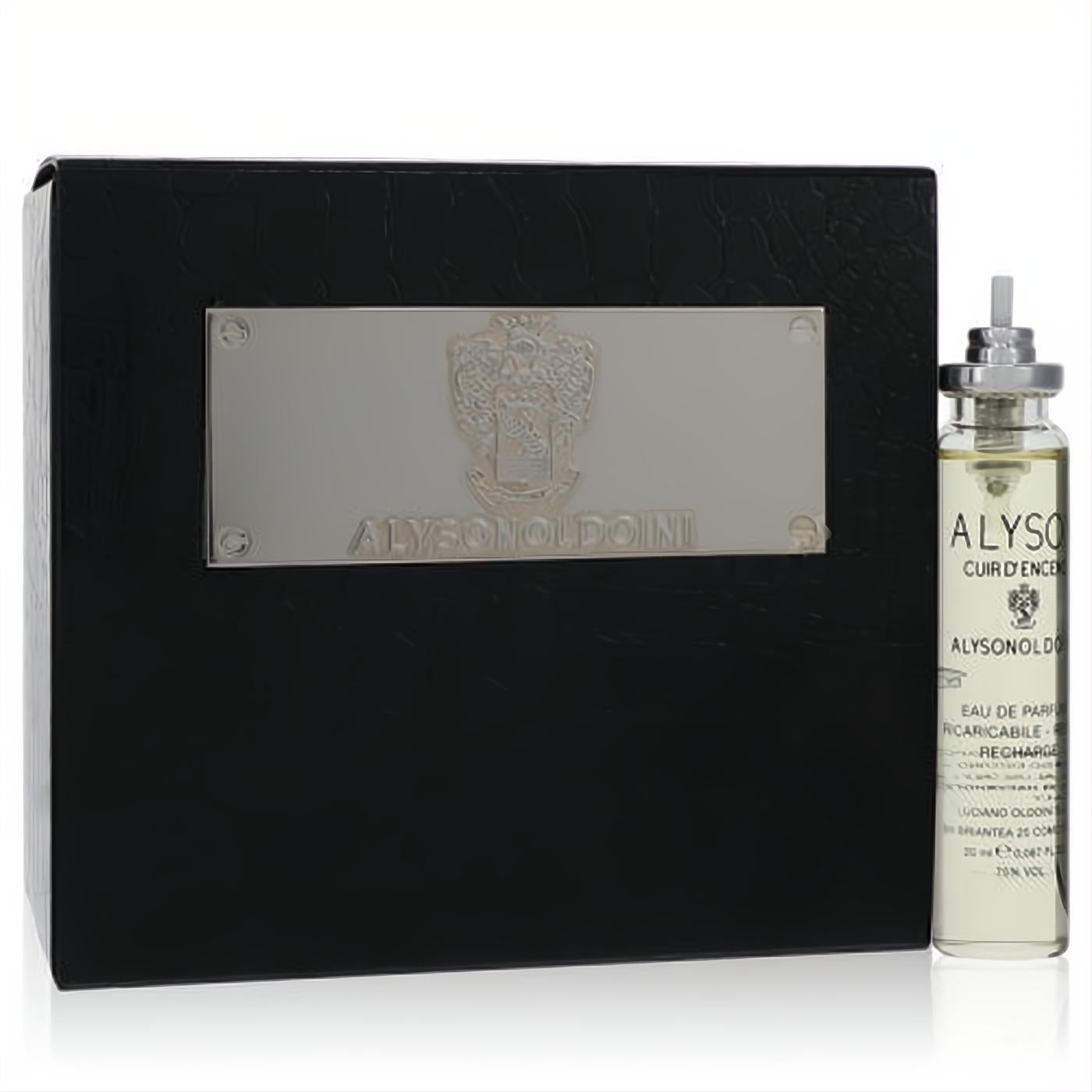 Luxurious Alyson Oldoini Cuir D'encens Eau De Parfum refill in a clear bottle, presented with a sleek black textured box and silver plaque.