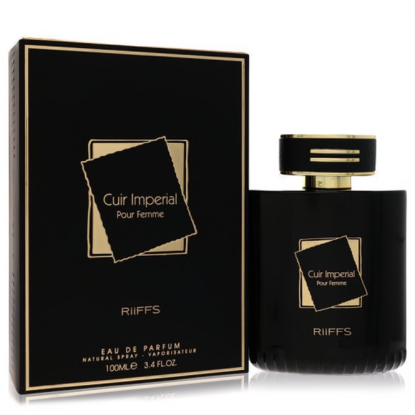 Luxurious Cuir Imperial Riiffs Pour Femme 3.4 oz black and gold perfume bottle with sleek design and matching box.