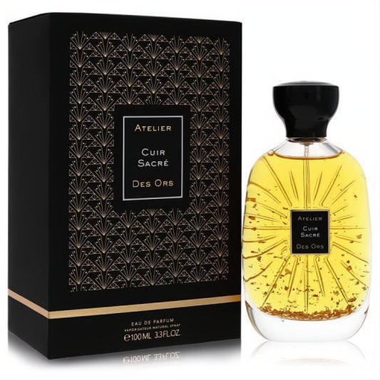 Atelier Des Ors Cuir Sacre 3.3oz EDP. Elegant black box with gold art deco pattern, clear bottle with shimmering gold flakes.