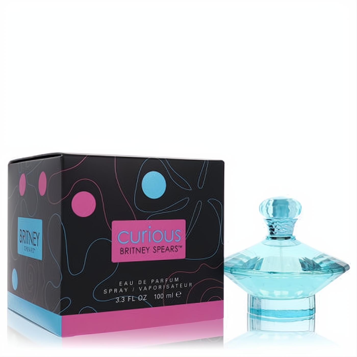 Captivating Curious Britney Spears 3.3 oz EDP. Features a stunning aqua faceted bottle and a bold black, pink, blue box.