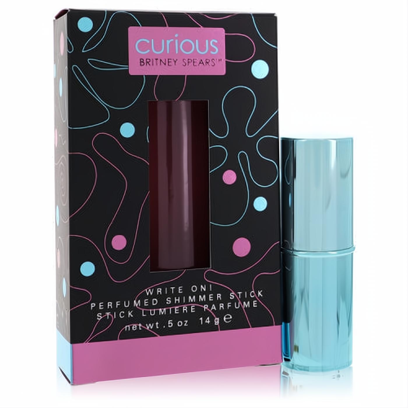 Curious Britney Spears 0.5 oz perfumed shimmer stick in a dazzling blue metallic case, next to its vibrant black and pink box.
