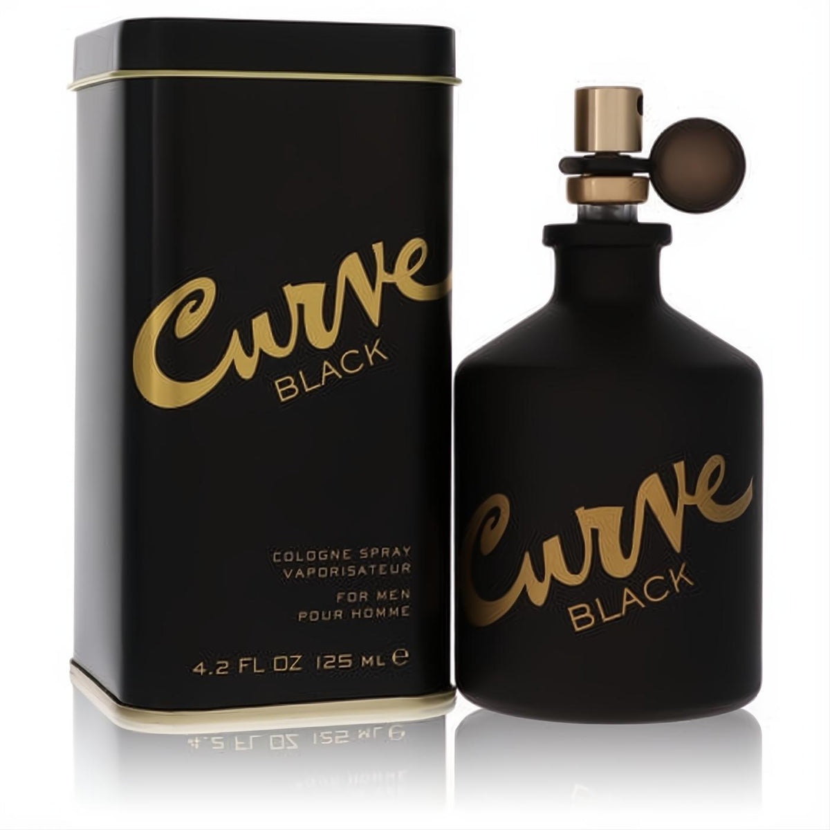Sleek Curve Black men's cologne, 4.2 oz, in a matte black bottle with a luxurious gold cap, presented with its matching tin.