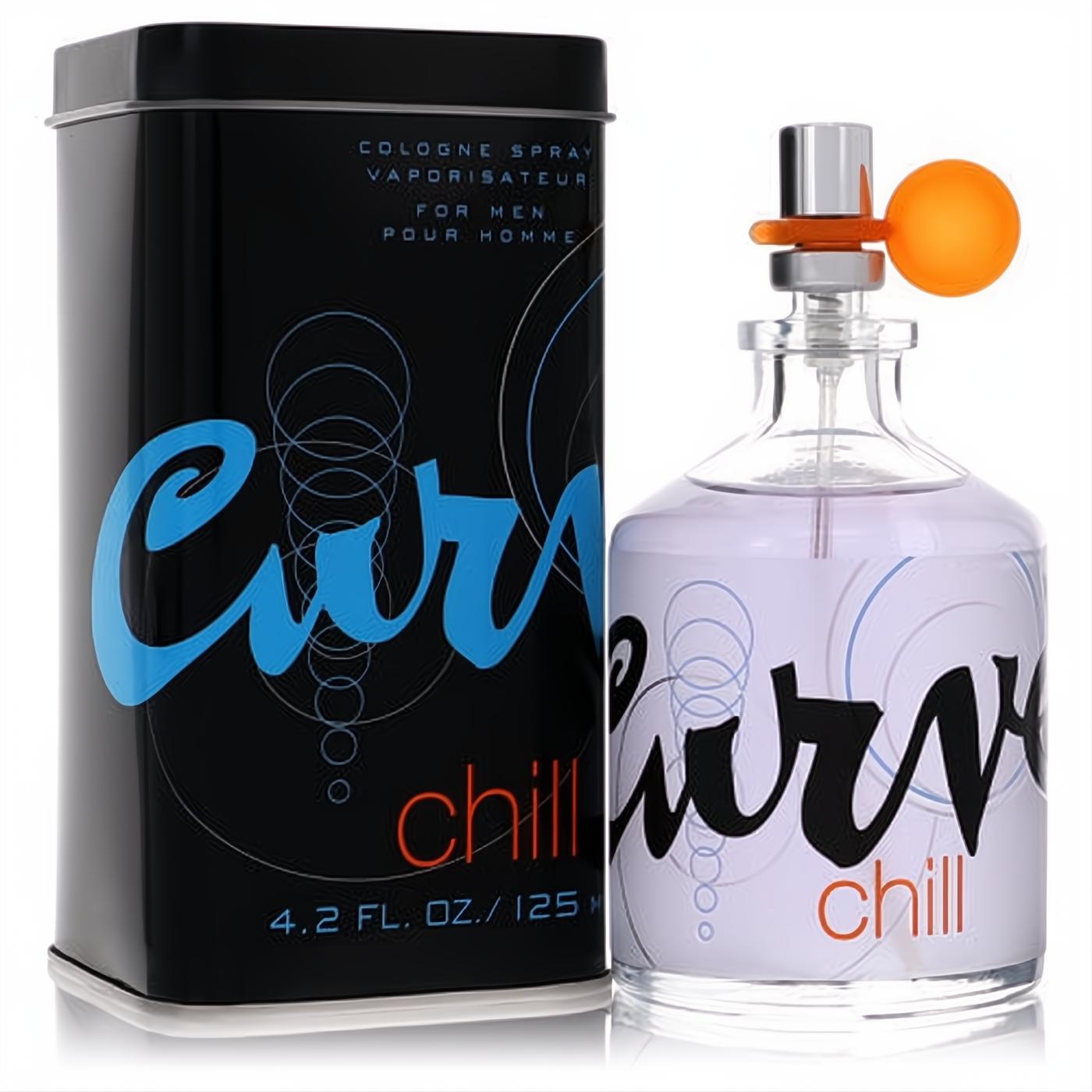 Curve Chill by Liz Claiborne 4.2 oz men's cologne. Clear glass bottle with light purple liquid, bold orange cap, and sleek black tin.