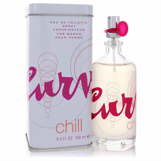 Curve Chill by Liz Claiborne 3.4 oz EDT spray in a clear bottle with vibrant pink cap, next to its white branded tin.