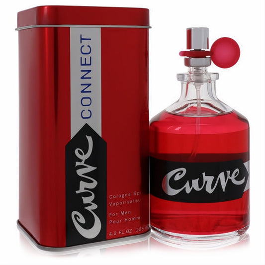 Curve Connect men's cologne: 4.2 oz vibrant red liquid in a sleek clear glass bottle, with a matching metallic red tin.