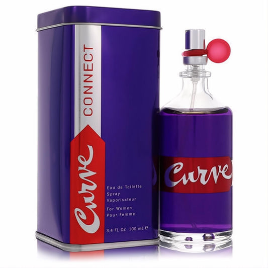 Curve Connect by Liz Claiborne 3.4 oz women's EDT spray. Bold purple bottle with red script, silver cap, and matching metallic tin.