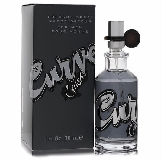 Curve Crush men's cologne spray, 1 oz. Sleek clear bottle with dark grey liquid, unique silver cap, and matching black box with silver logo.