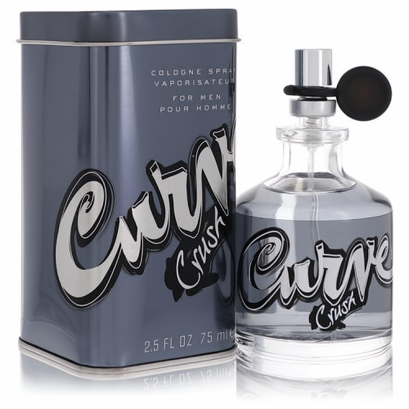 Curve Crush men's 2.5 oz cologne. Clear glass spray bottle with silver cap and distinctive black atomizer, paired with its sleek metallic tin.