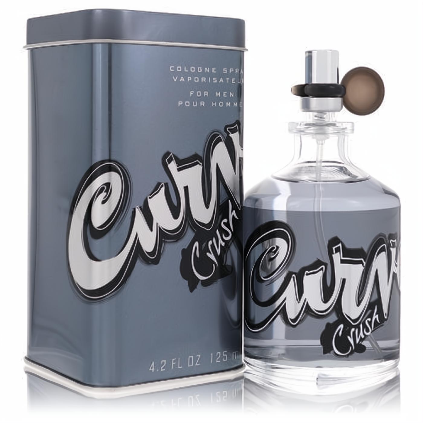 Elevate your scent with Curve Crush 4.2 oz men's cologne. Clear glass bottle, unique brown pump, and sleek metallic grey tin.