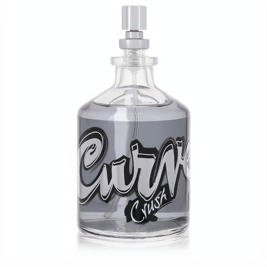 Curve Crush by Liz Claiborne men's cologne tester. Sleek clear glass bottle with silver liquid, bold "Curve Crush" label, and metallic cap.