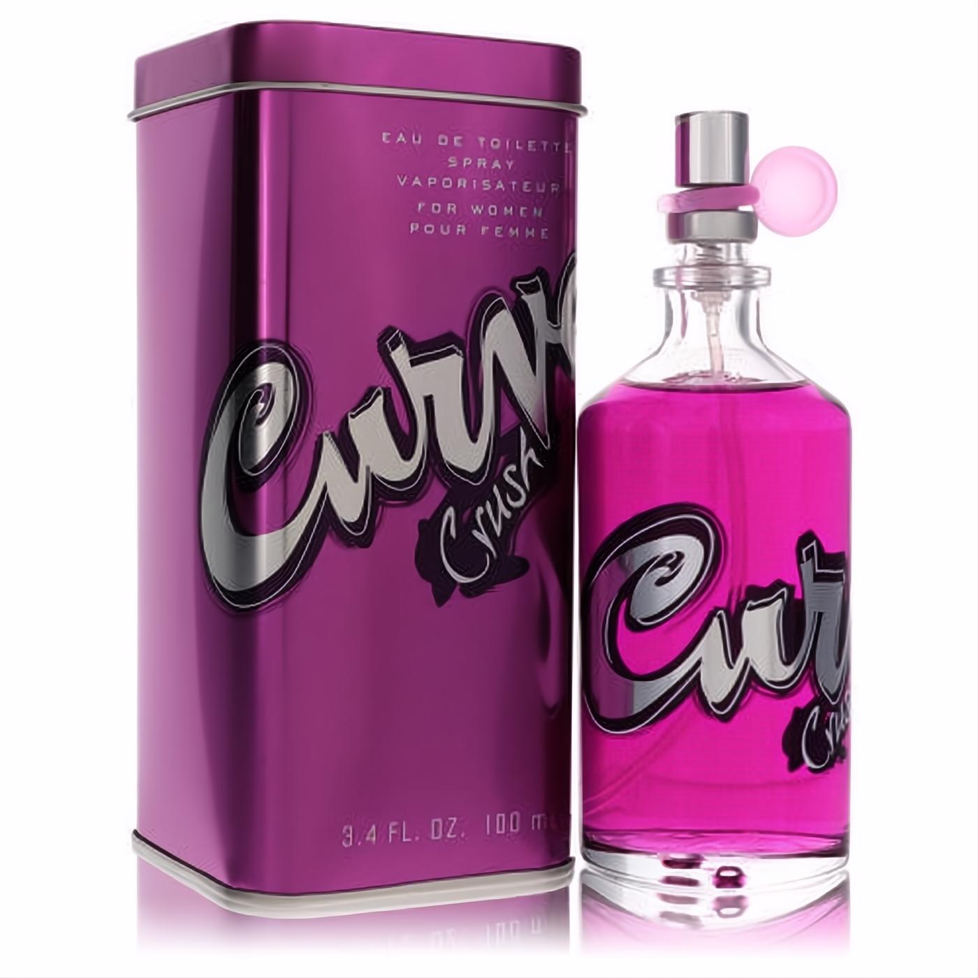 Curve Crush by Liz Claiborne 3.4 oz Eau De Toilette: vibrant fuchsia bottle with silver accents and matching metallic tin.