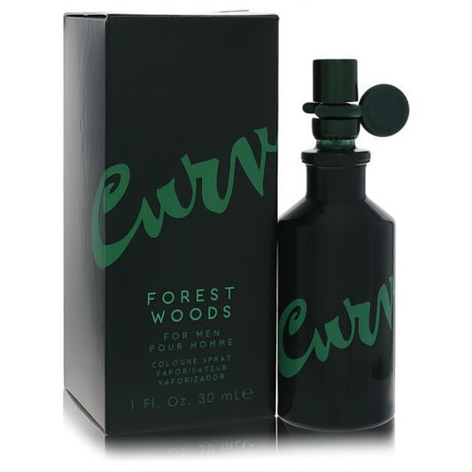 Curve Forest Woods 1 oz men's cologne in a sleek dark green glass bottle with unique sprayer and matching box.