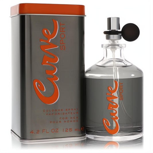 Experience Curve Sport by Liz Claiborne 4.2 oz men's cologne. Sleek gray tin and clear bottle with vibrant orange branding.