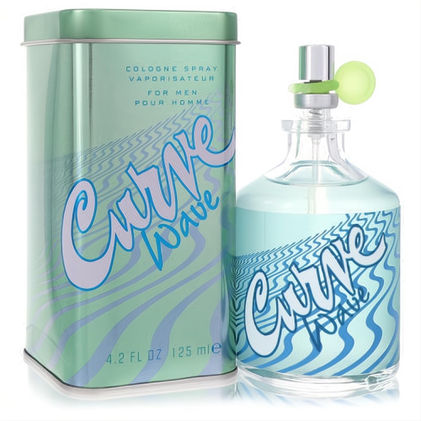 Curve Wave by Liz Claiborne 4.2 oz men's cologne spray. Clear bottle with refreshing blue liquid and wave design, in a sleek mint green tin.
