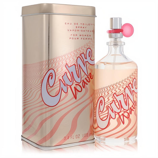 Captivating Curve Wave by Liz Claiborne 3.4 oz EDT spray in a clear bottle with peach liquid, silver cap, and matching gold wavy tin.
