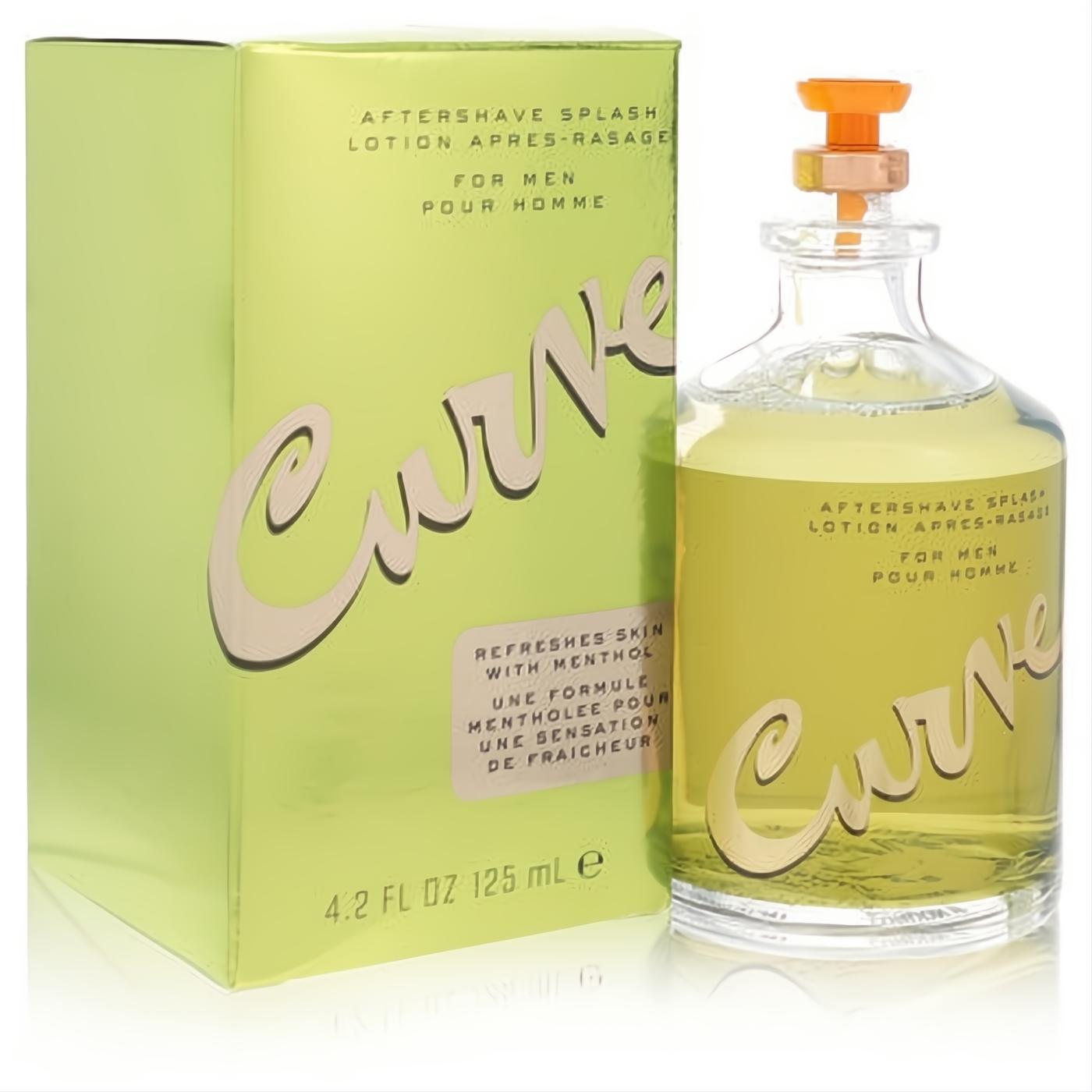 Curve by Liz Claiborne After Shave 4.2 oz for men. Invigorating menthol formula in a clear glass bottle with vibrant lime green packaging.