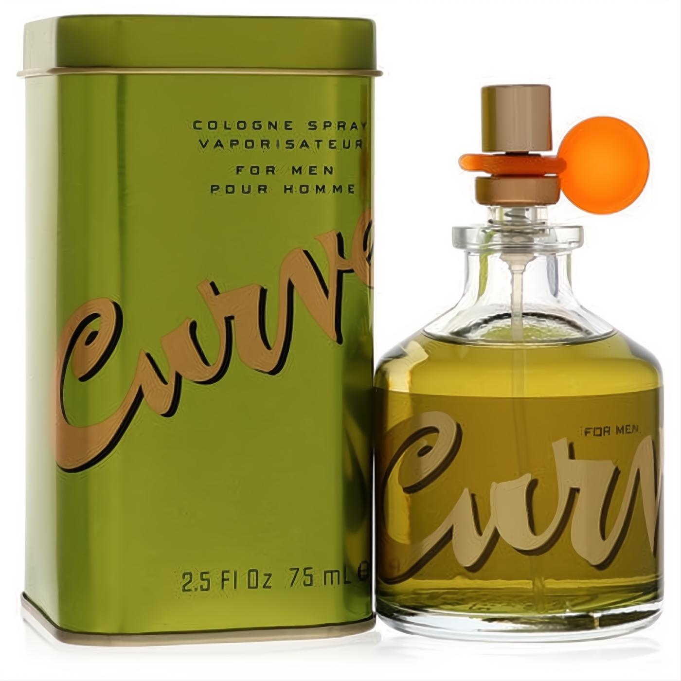 Curve by Liz Claiborne men's cologne spray, 2.5 oz. Iconic olive green tin and clear glass bottle with bold gold logo and unique orange sprayer.