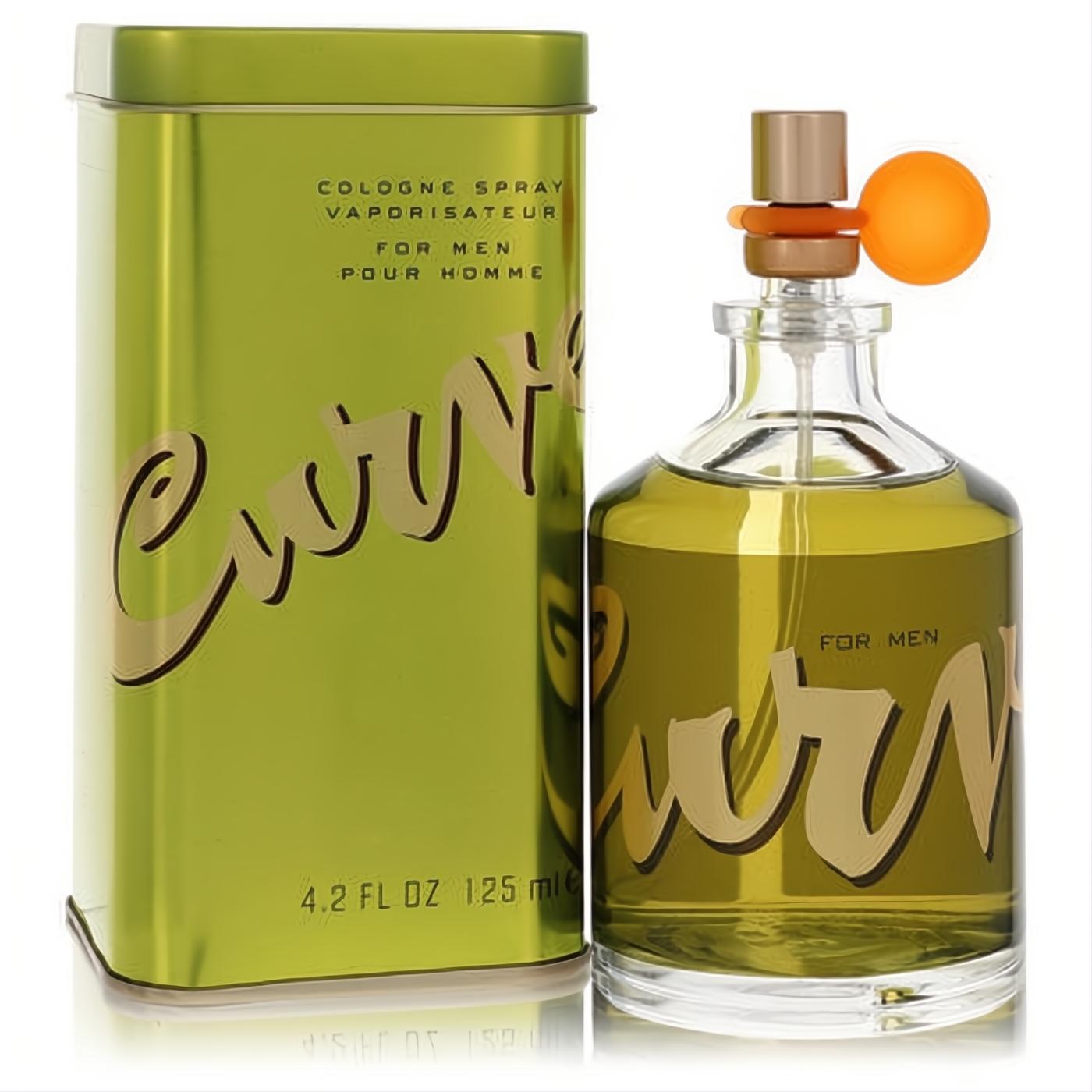 Curve by Liz Claiborne Men's Cologne 4.2 oz. Clear glass bottle with golden liquid, distinctive orange pump, and elegant green tin.