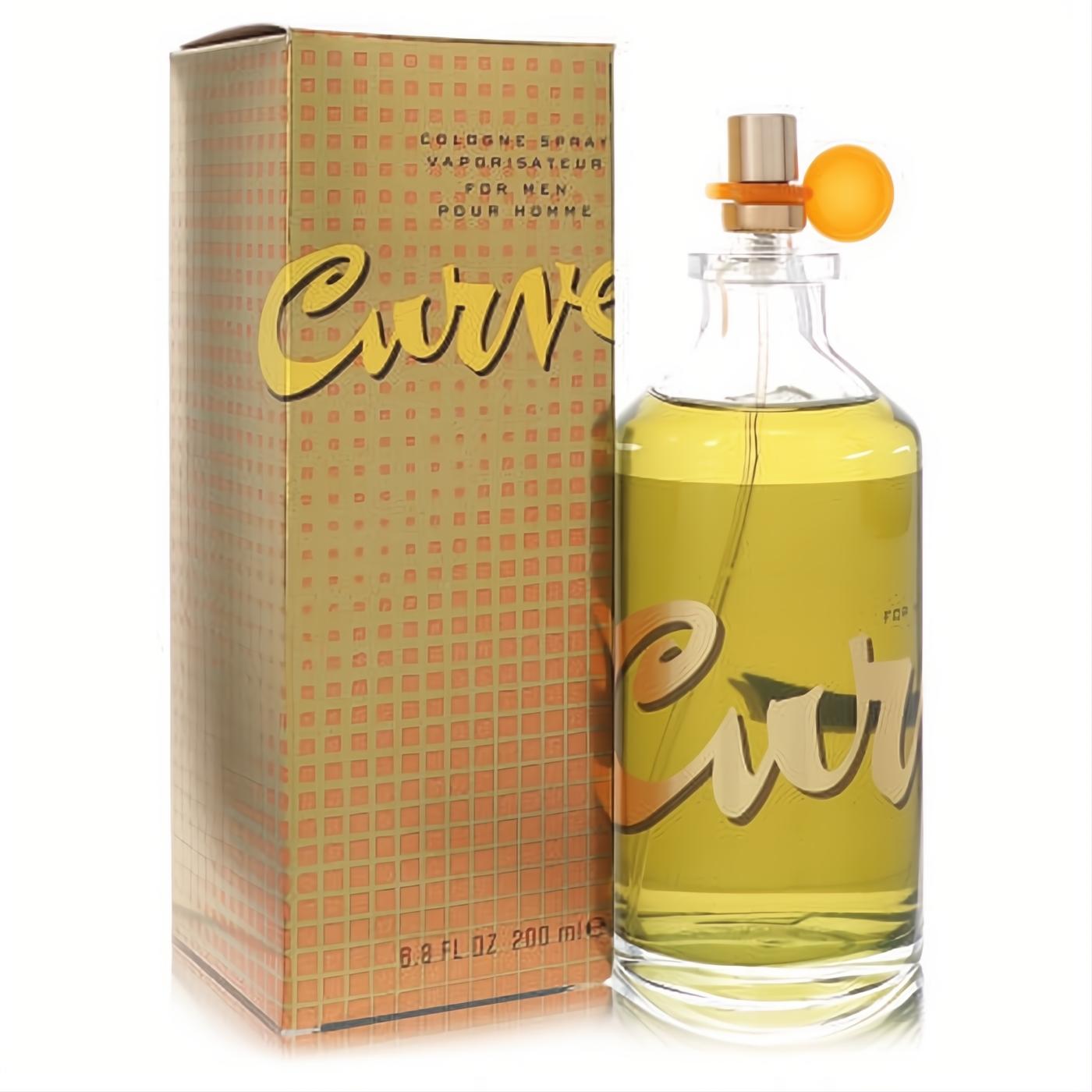 Curve by Liz Claiborne 6.8 oz men's cologne. Clear bottle with golden liquid, bold gold script, and unique orange cap, beside its textured gold box.
