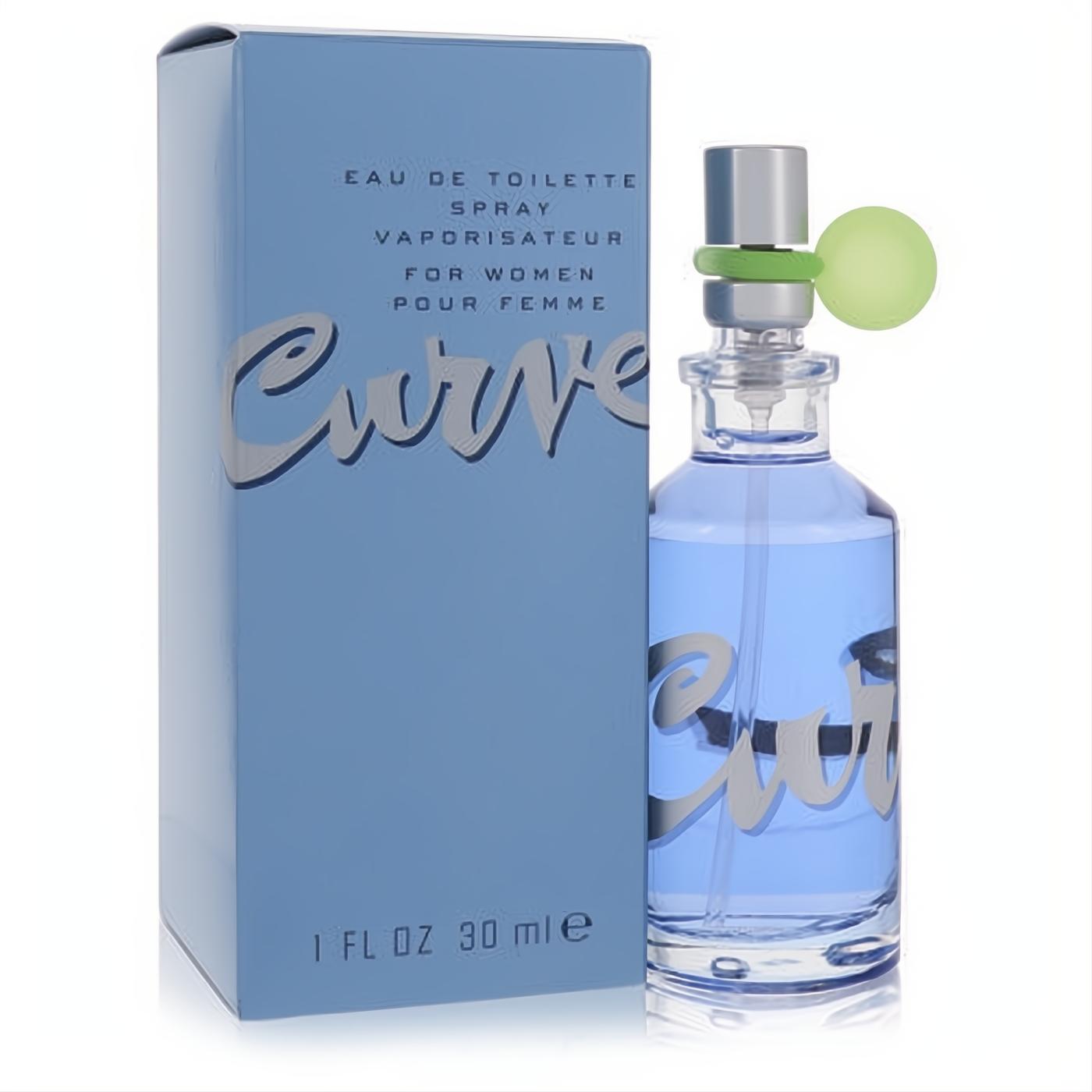 Curve by Liz Claiborne 1 oz EDT spray. Clear glass bottle with refreshing blue liquid, silver cap, green accent, and elegant blue box.