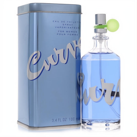 Curve by Liz Claiborne 3.4 oz EDT spray: clear bottle with vibrant blue fragrance, silver cap, and chic matching blue metallic tin.