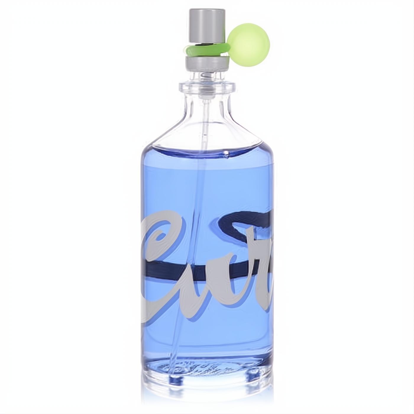 Curve by Liz Claiborne Eau de Toilette spray: clear bottle, blue liquid, silver logo, and a playful green charm.