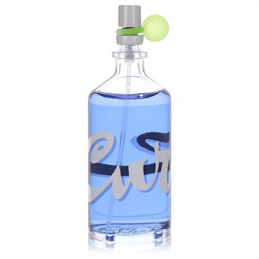 Curve by Liz Claiborne Eau de Toilette spray: clear bottle, blue liquid, silver logo, and a playful green charm.
