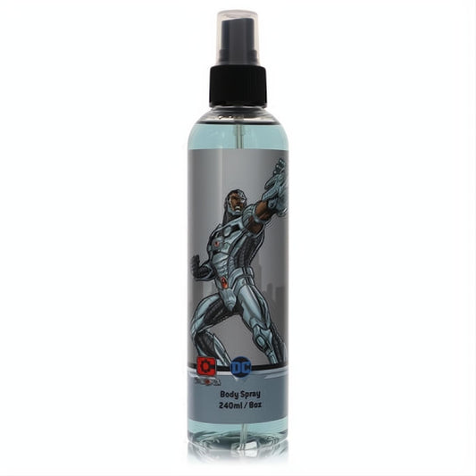 Powerful DC Comics Cyborg 8oz men's body spray. Clear plastic bottle, vibrant blue fragrance, striking Cyborg graphic.