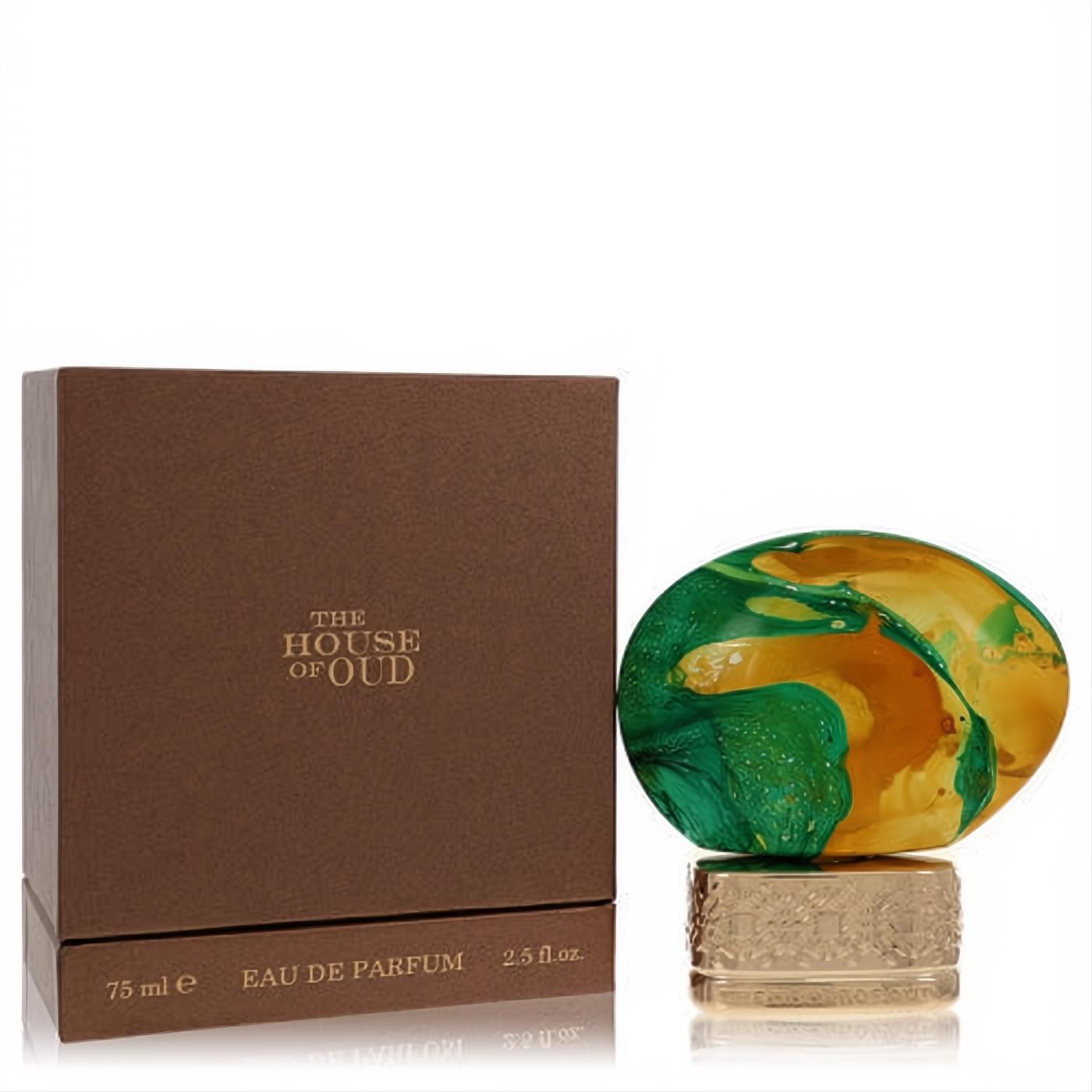 Stunning The House of Oud Cypress Shade EDP, unique egg-shaped bottle with vibrant green and orange swirls, next to its luxurious brown box.
