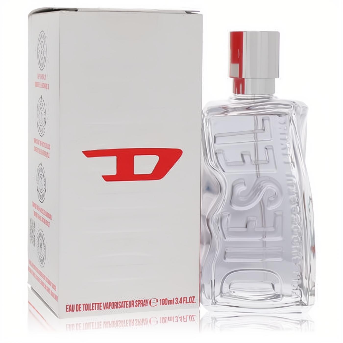 D By Diesel Eau De Toilette spray, 3.4 oz. Clear sculpted glass bottle with embossed Diesel logo, silver-red cap, and sleek white box.