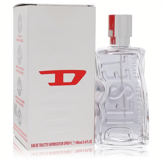 D By Diesel Eau De Toilette spray, 3.4 oz. Clear sculpted glass bottle with embossed Diesel logo, silver-red cap, and sleek white box.