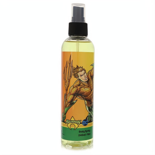 Dynamic DC Comics Aquaman 8oz body spray. Clear bottle with vibrant Aquaman character art, black spray cap, and invigorating yellow liquid.