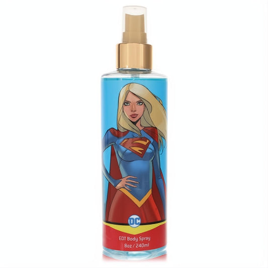 Supergirl 8 oz EDT body spray with blonde Supergirl graphic on a blue and red bottle.