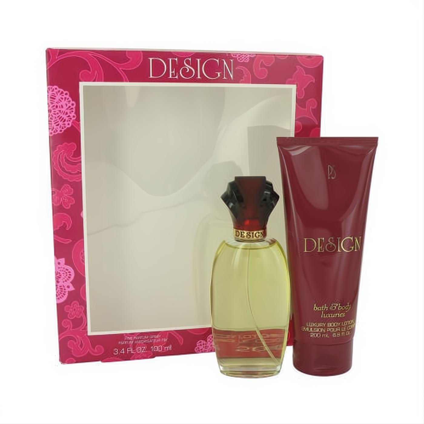 Paul Sebastian DESIGN gift set: 3.4 oz EDP spray with faceted red cap & 6.7 oz red body lotion in a pink floral box.