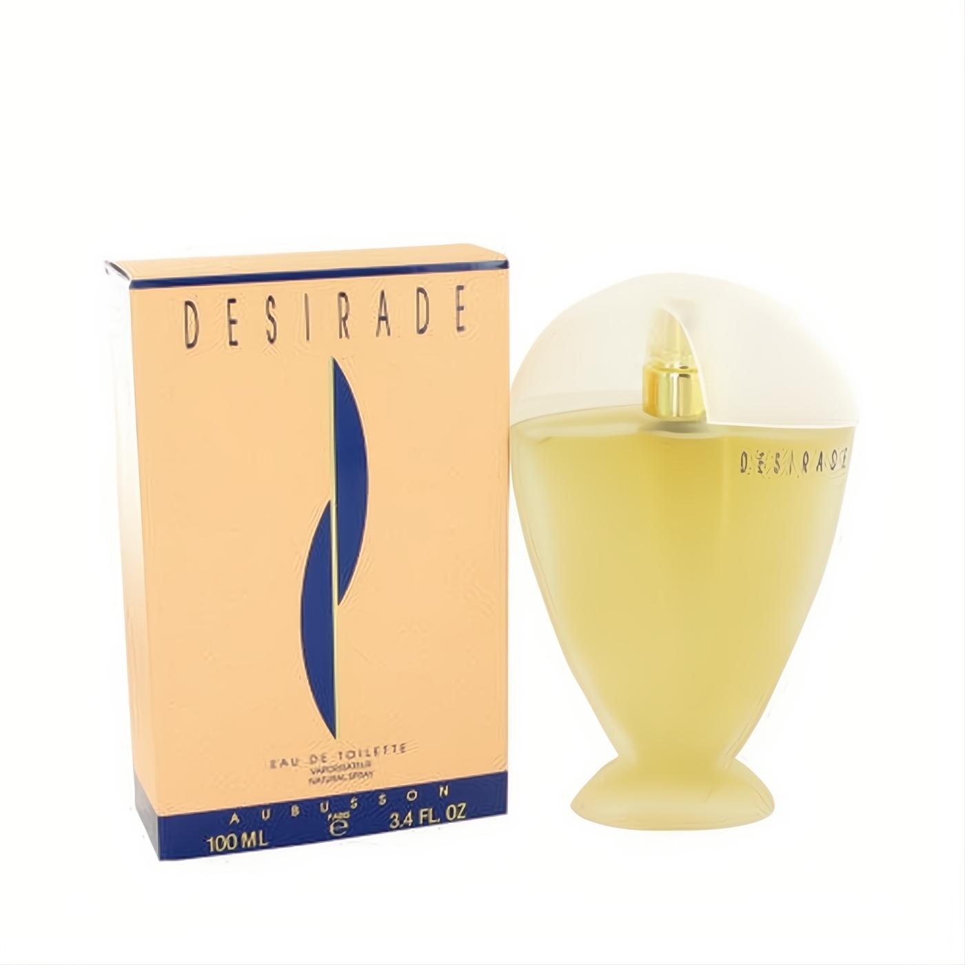 Desirade by Aubusson 3.4 oz EDT spray. Elegant frosted glass bottle with gold cap and peach box featuring a striking blue design.