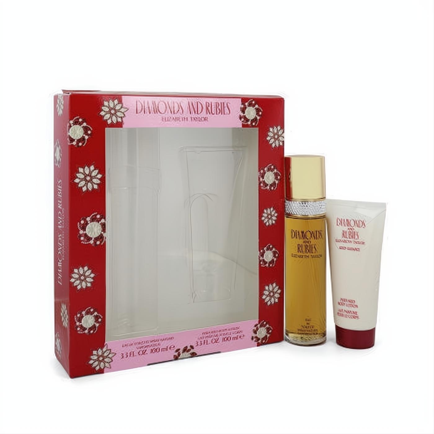 Elizabeth Taylor Diamonds & Rubies 3.3 oz gift set. Vibrant red floral box, golden EDT spray, and creamy body lotion with a red cap.