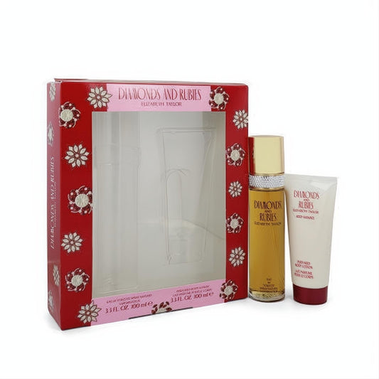 Elizabeth Taylor Diamonds & Rubies 3.3 oz gift set. Vibrant red floral box, golden EDT spray, and creamy body lotion with a red cap.