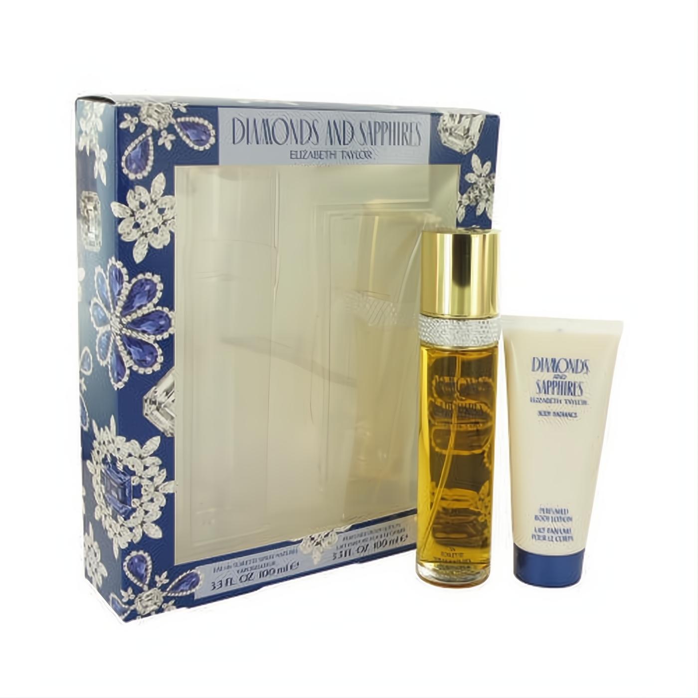 Elizabeth Taylor Diamonds & Sapphires 3.3 oz EDT perfume & body lotion gift set. Features elegant blue jewel-design box, gold-capped spray, and cream lotion.