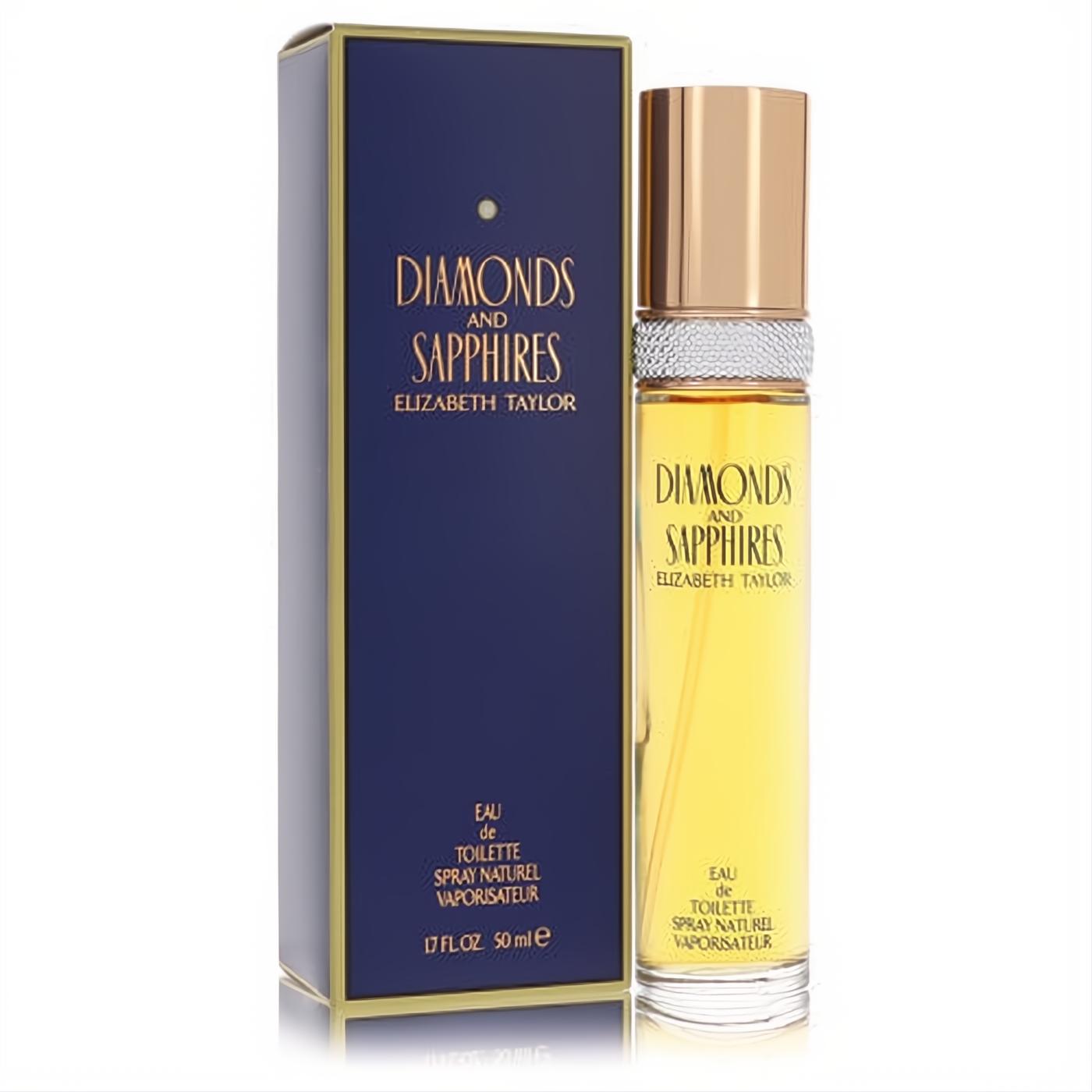 Luxurious Elizabeth Taylor Diamonds & Sapphires 1.7 oz EDT spray. Clear bottle with golden liquid, elegant gold cap, and deep blue box.