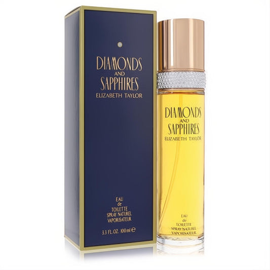Elizabeth Taylor Diamonds & Sapphires 3.3 oz EDT spray. Elegant bottle with gold cap, sparkling rhinestone band, and sophisticated navy box.