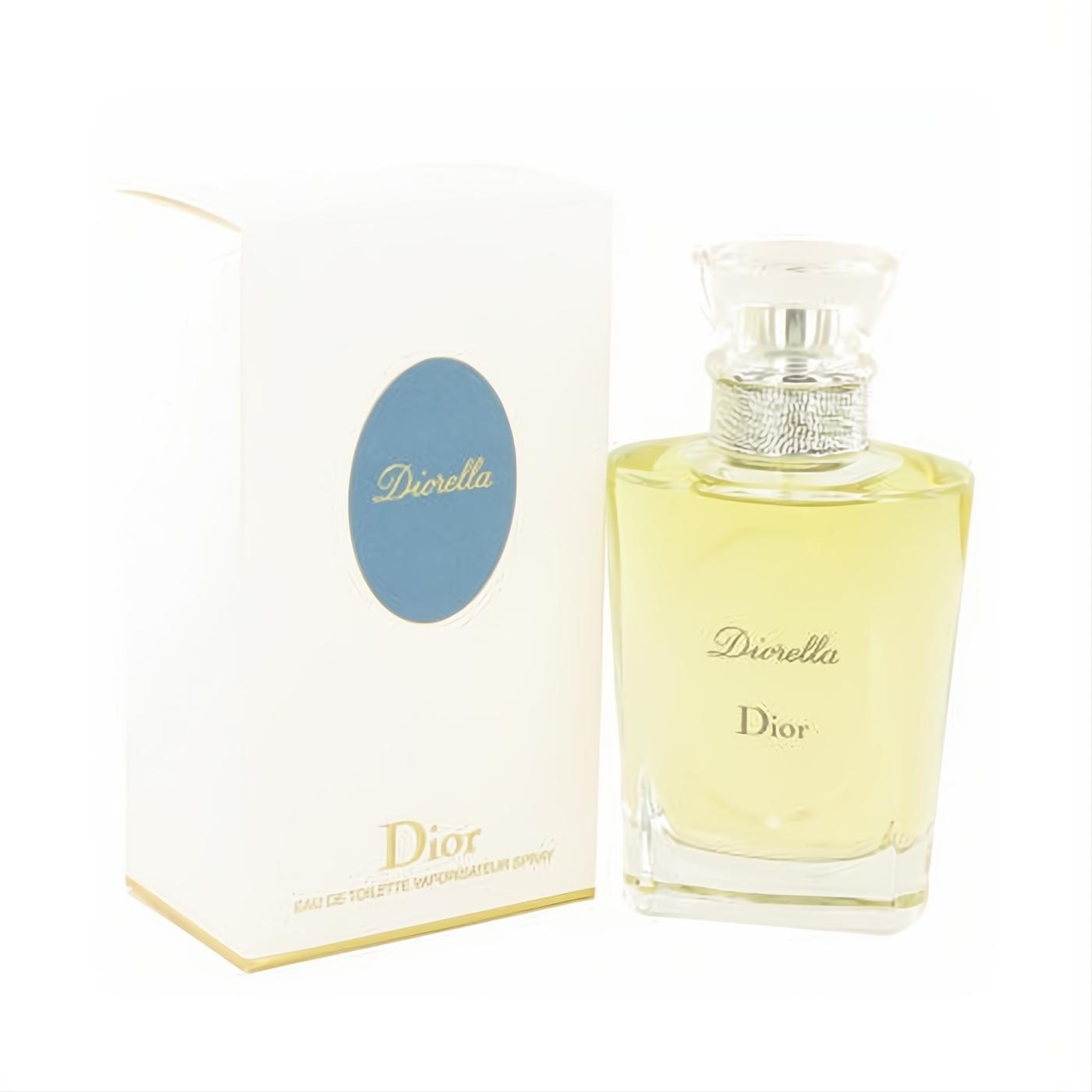 Diorella by Dior 3.4 oz EDT spray. Clear glass bottle with golden liquid, faceted cap, and elegant white box with blue oval label.