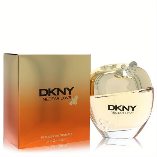 Elegant DKNY Nectar Love 3.4 oz EDP. Golden apple-shaped bottle with silver bee charm, beside its radiant gold-orange box.