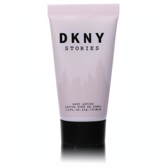DKNY Stories 1.0 oz body lotion. Chic light pink squeeze tube with bold black text, perfect for modern women.