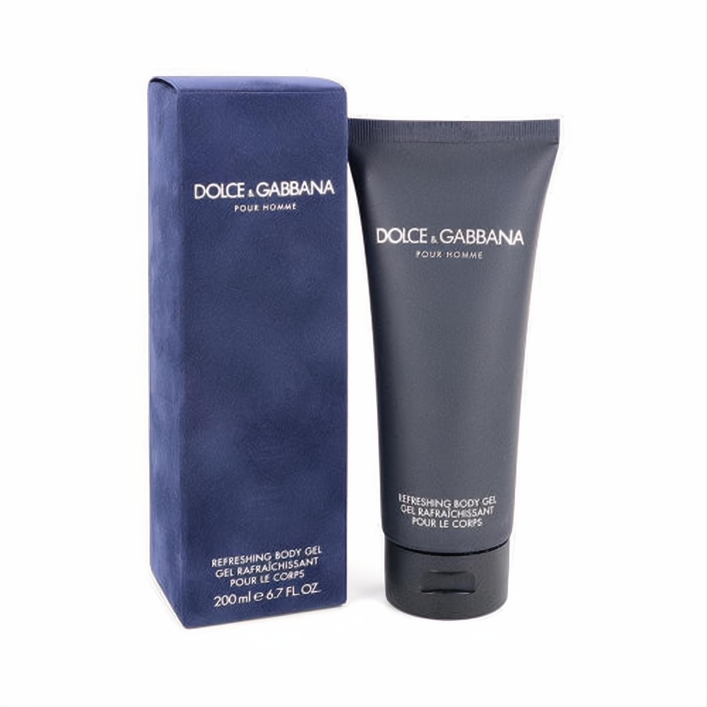 Iconic Dolce & Gabbana Pour Homme refreshing body gel, 200ml, in a sleek dark blue tube and elegant matching box.