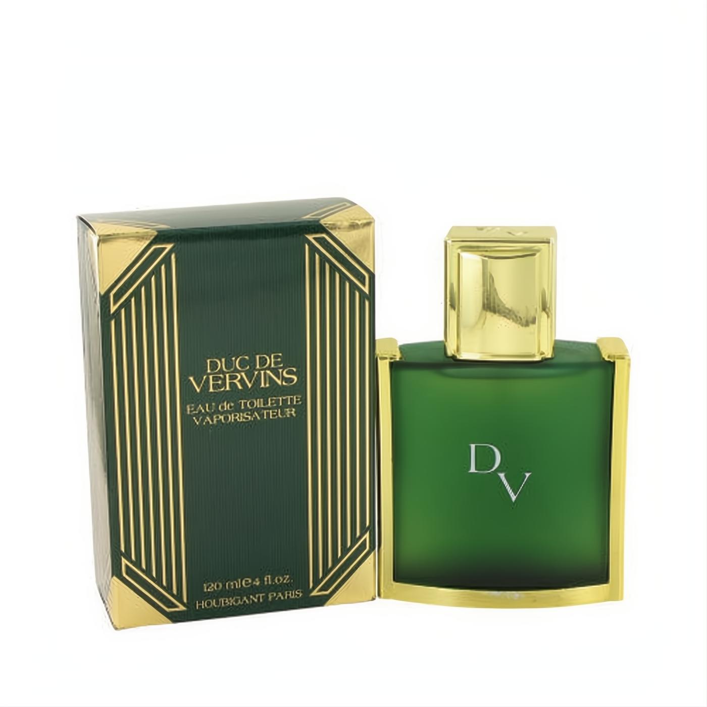 Classic Duc De Vervins 4 oz EDT spray. Frosted green bottle with gold cap, elegant green and gold art deco box.