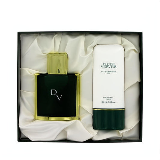 Luxurious Duc De Vervins Houbigant gift set: dark green cologne bottle with gold cap & white 5 oz shower gel, in a satin-lined box.