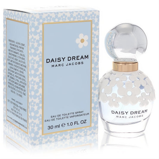 Marc Jacobs Daisy Dream 1 oz Eau de Toilette for women. Clear bottle with delicate white 3D daisies, gold accent, and a charming blue floral box.